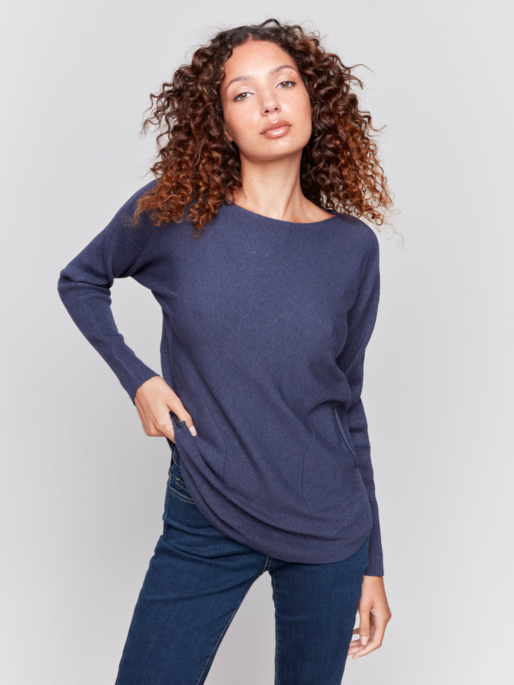 Heather Denim Lace-Up Back Plushy Knit Sweater