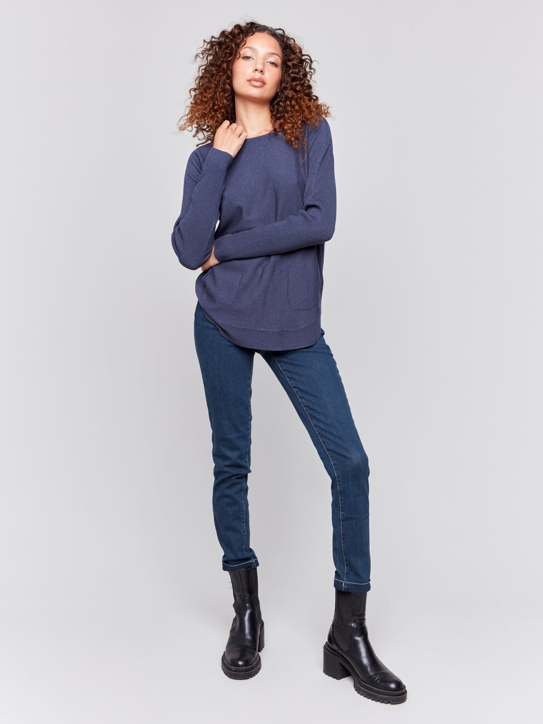 Heather Denim Lace-Up Back Plushy Knit Sweater