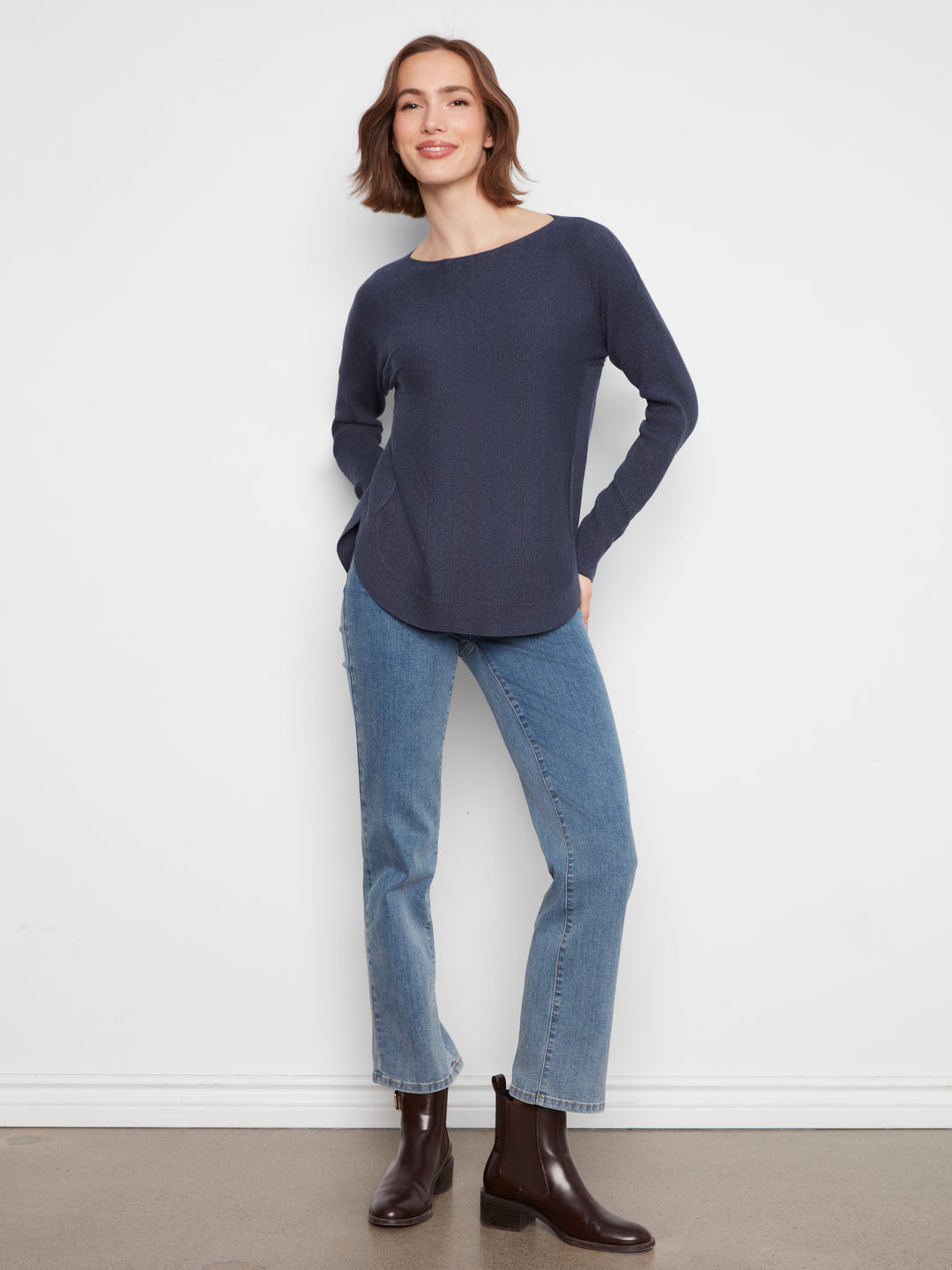 Heather Denim Lace-Up Back Plushy Knit Sweater