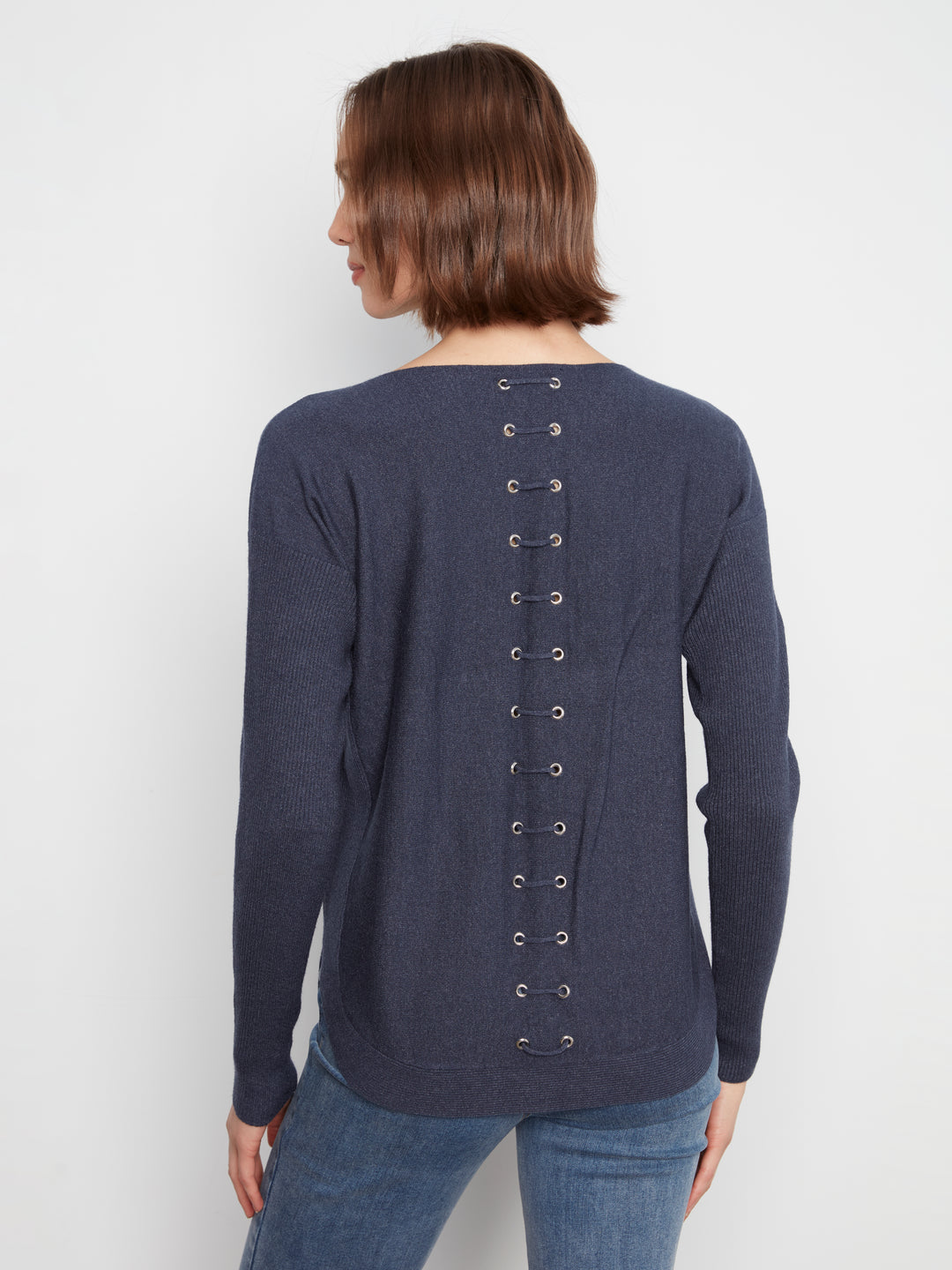 Heather Denim Lace-Up Back Plushy Knit Sweater