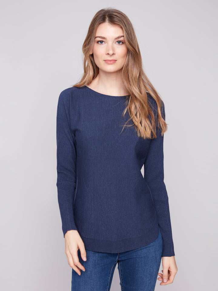 Heather Denim Lace-Up Back Plushy Knit Sweater