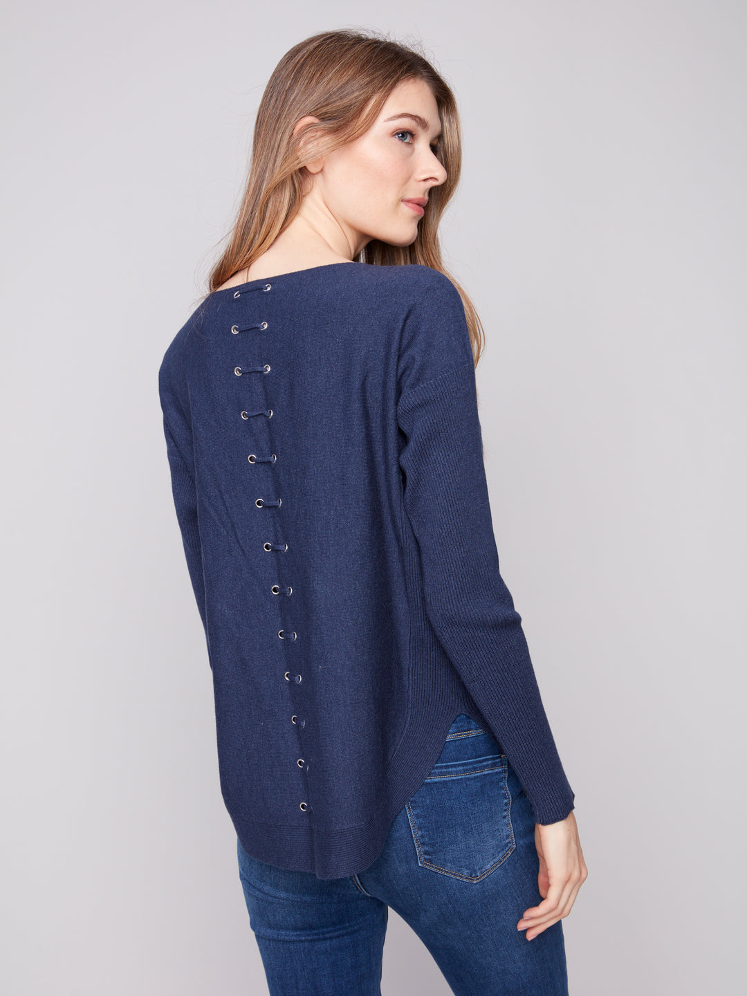 Heather Denim Lace-Up Back Plushy Knit Sweater