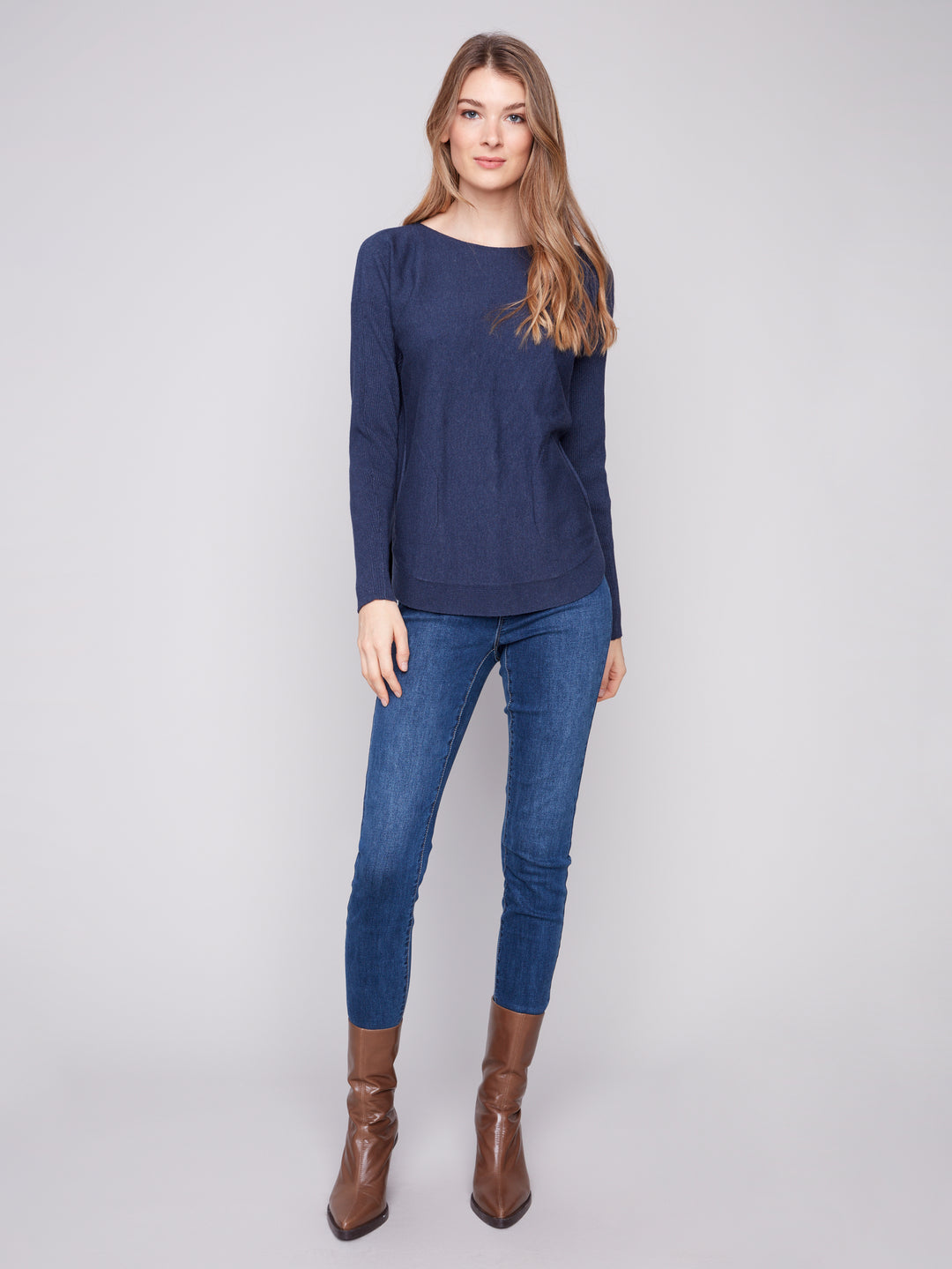 Heather Denim Lace-Up Back Plushy Knit Sweater