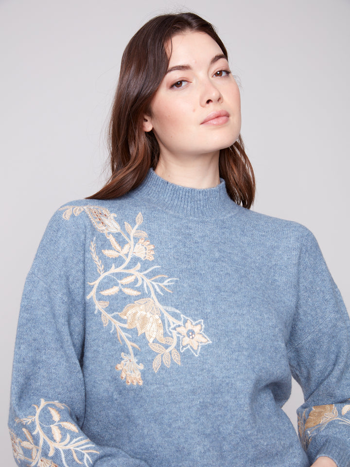 Heather Denim Sequin Embroidered Sweater