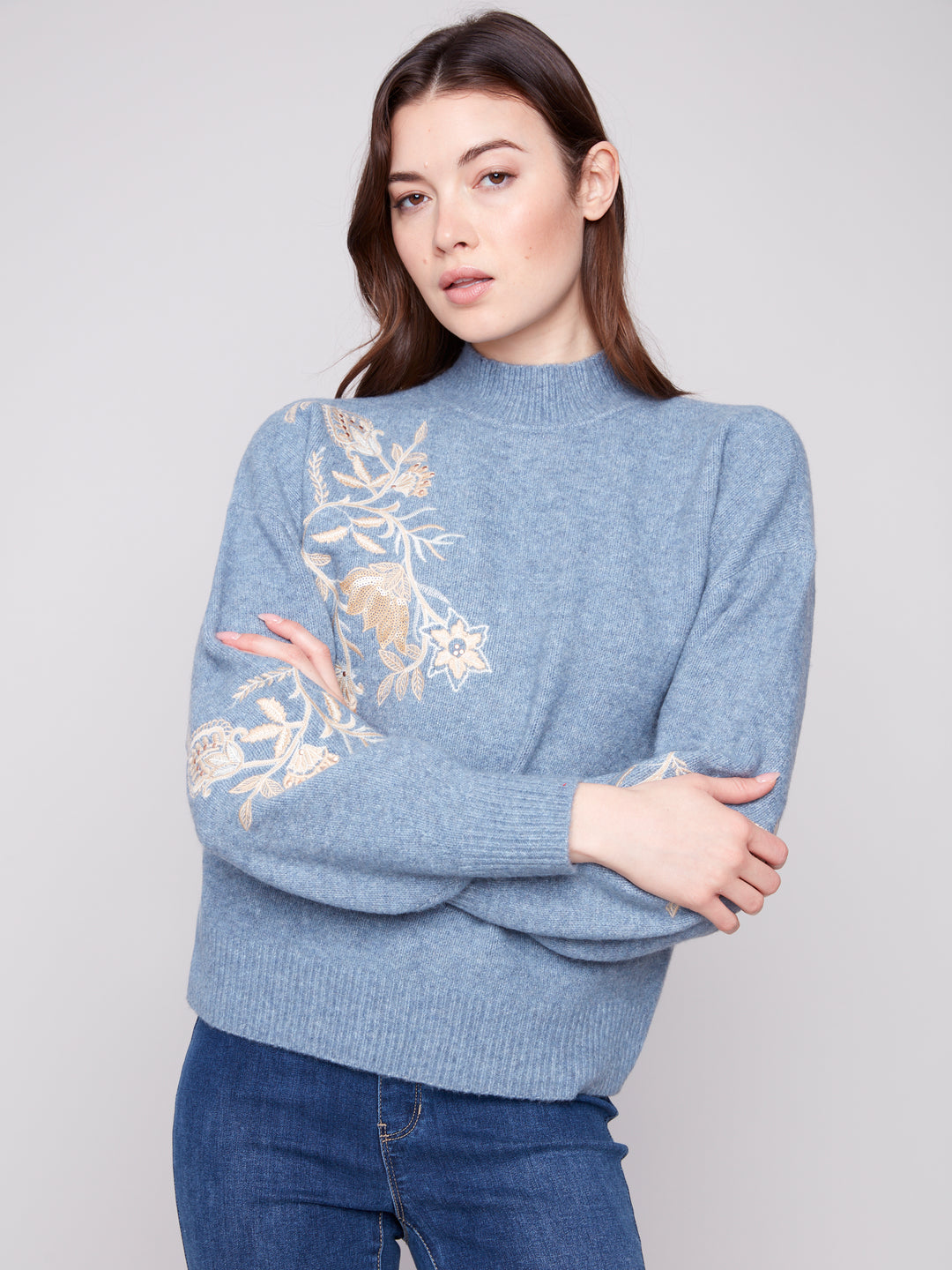 Heather Denim Sequin Embroidered Sweater
