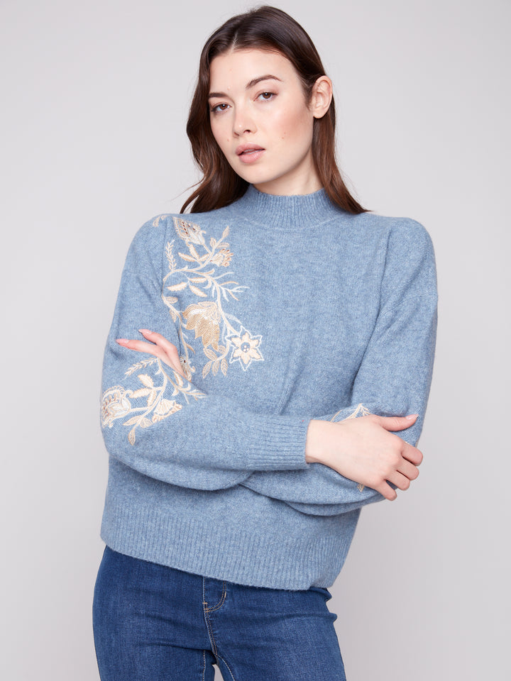 Heather Denim Sequin Embroidered Sweater