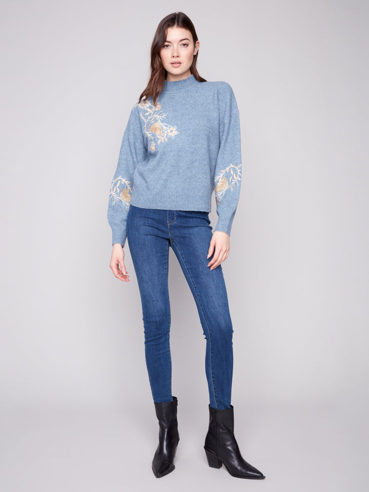Heather Denim Sequin Embroidered Sweater