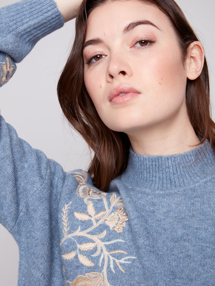 Heather Denim Sequin Embroidered Sweater