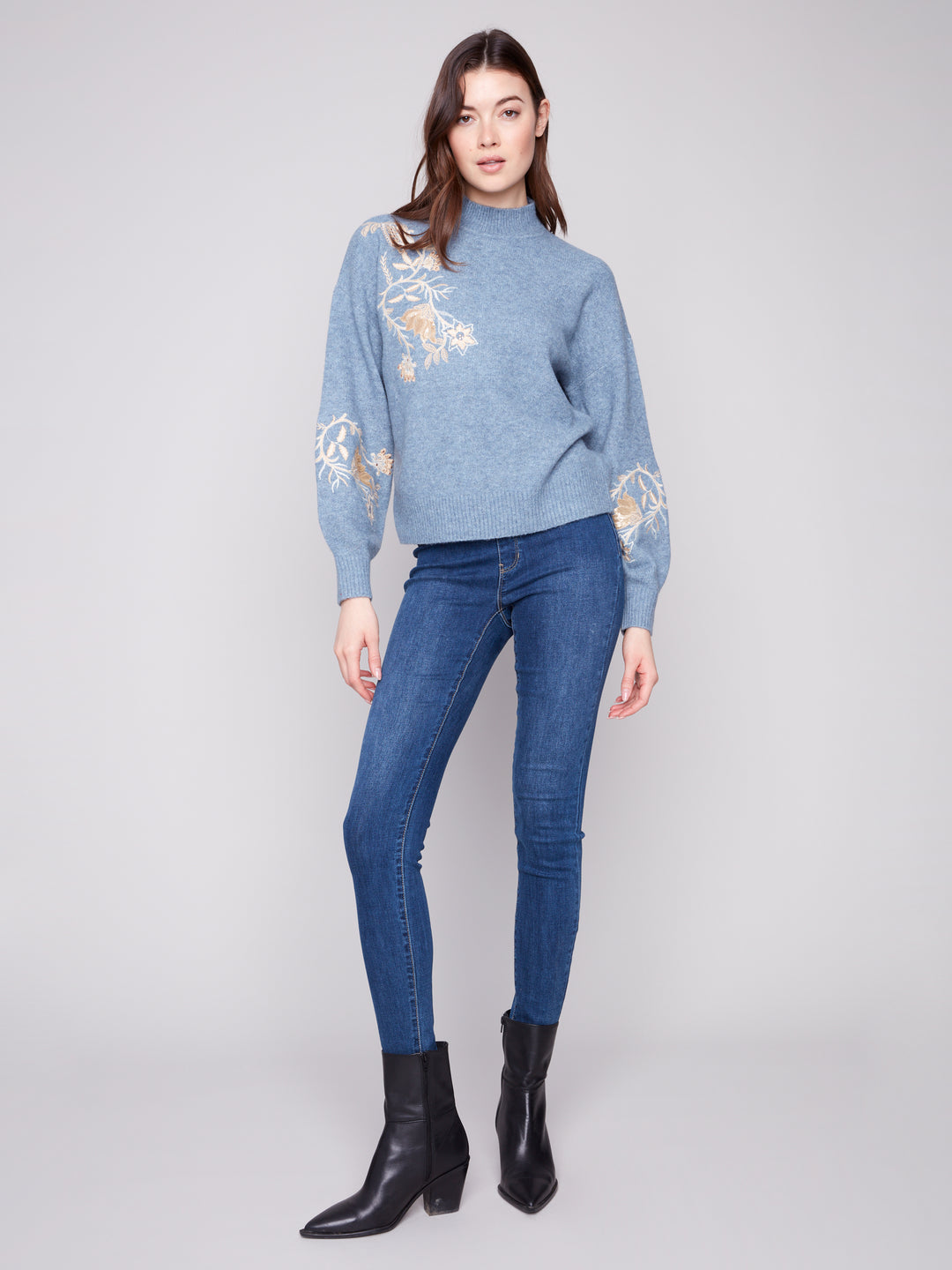 Heather Denim Sequin Embroidered Sweater