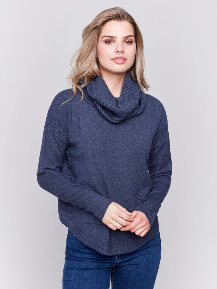 Heather Denim Sweater With Detachable Scarf