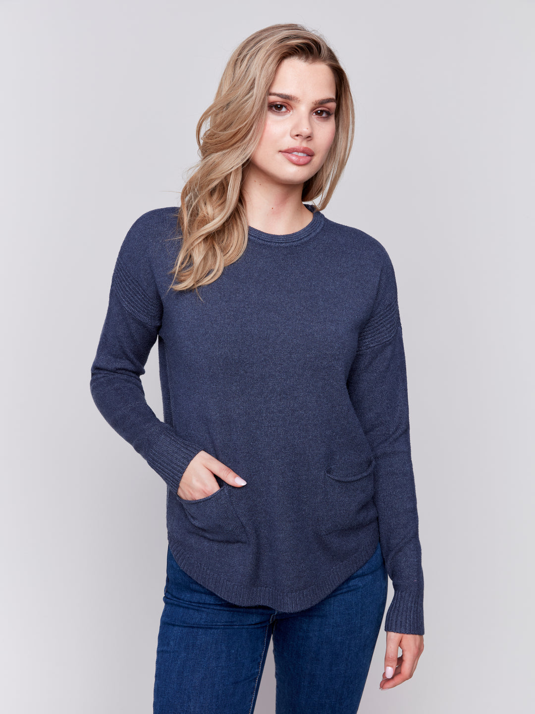 Heather Denim Sweater With Detachable Scarf