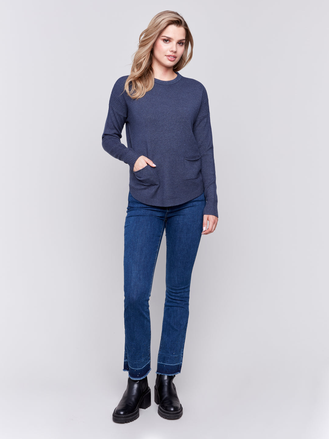 Heather Denim Sweater With Detachable Scarf