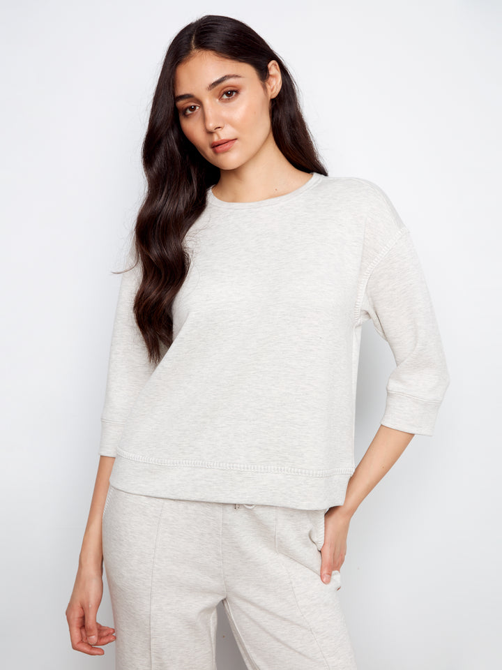 Heather Grey 3/4 Sleeve Scuba Top With Blanket Stitch