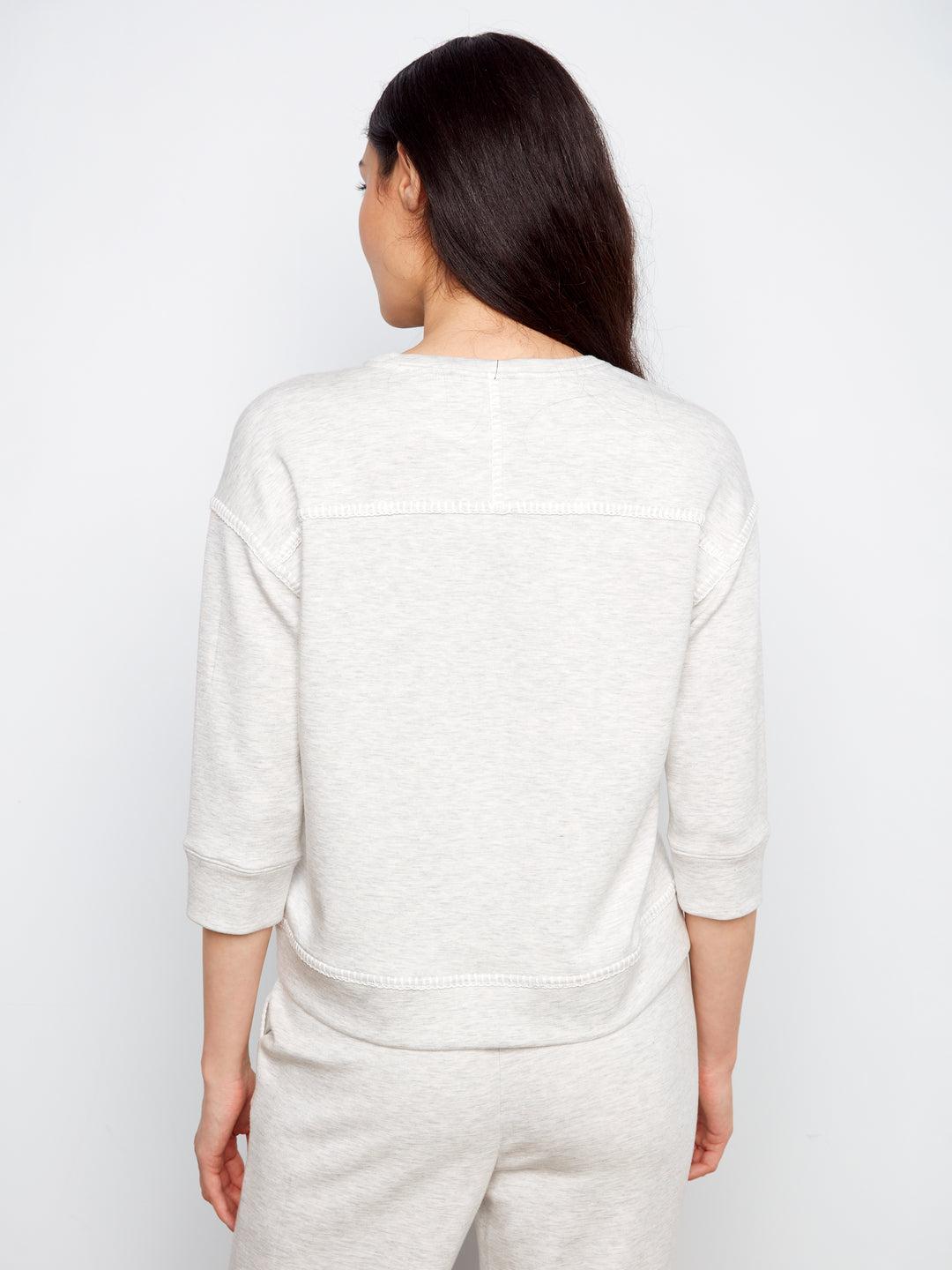 Heather Grey 3/4 Sleeve Scuba Top With Blanket Stitch