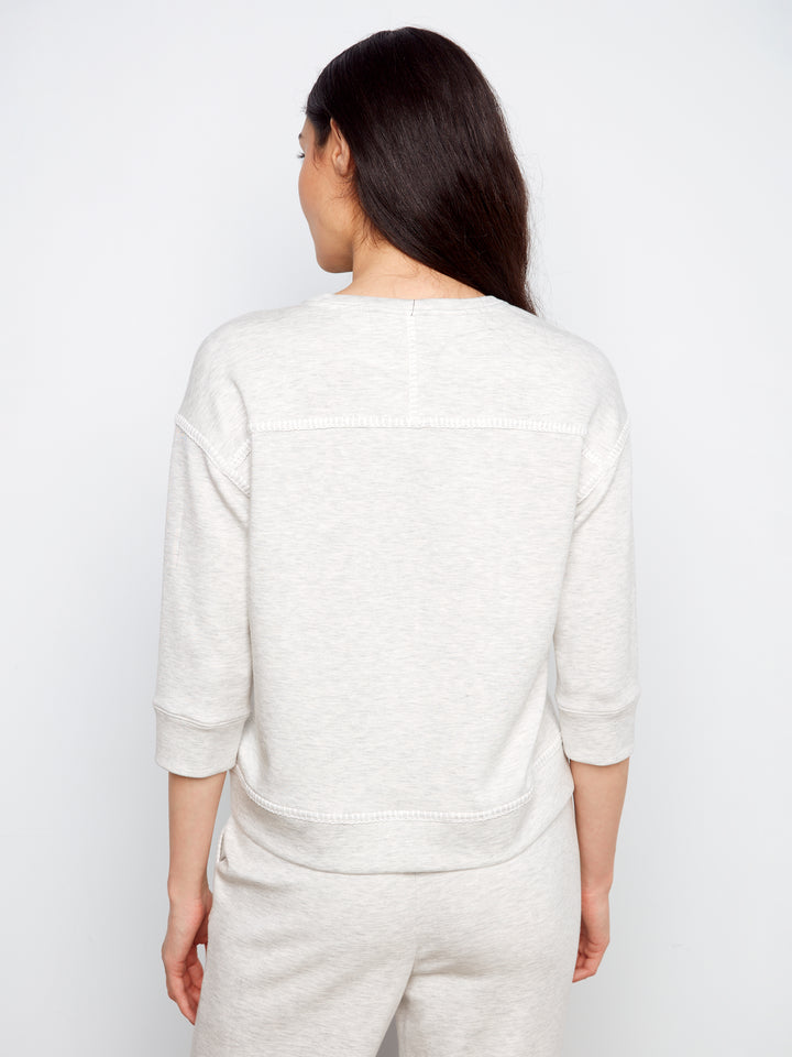 Heather Grey 3/4 Sleeve Scuba Top With Blanket Stitch