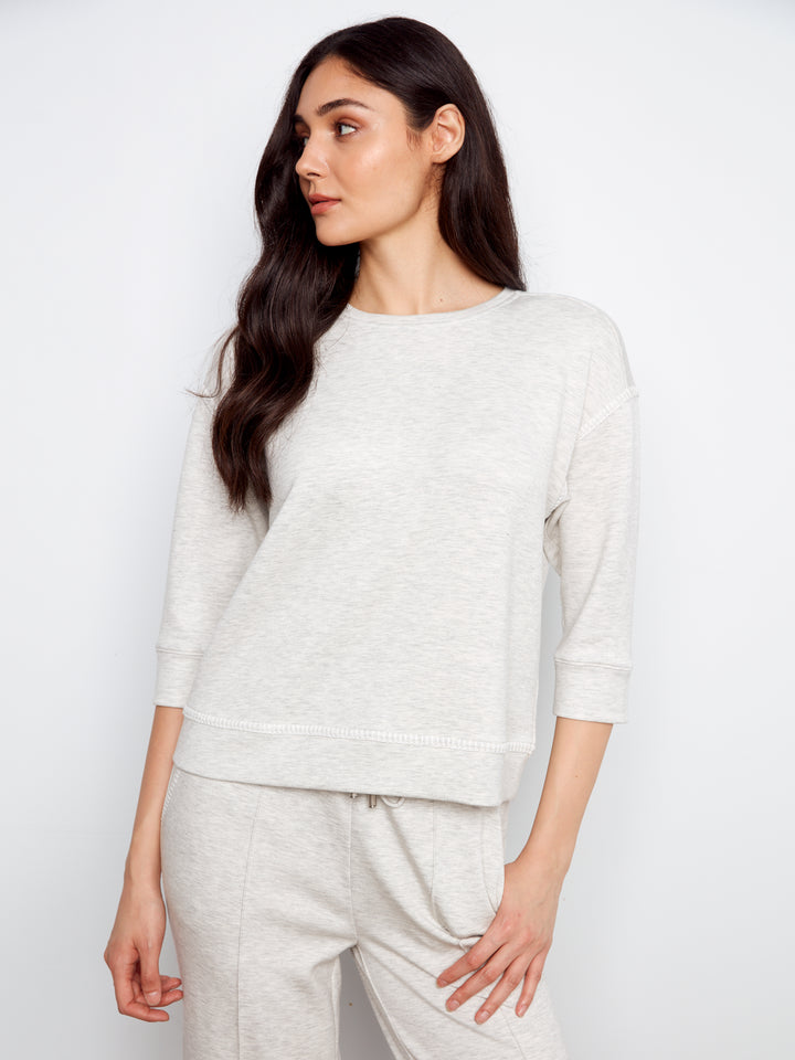 Heather Grey 3/4 Sleeve Scuba Top With Blanket Stitch
