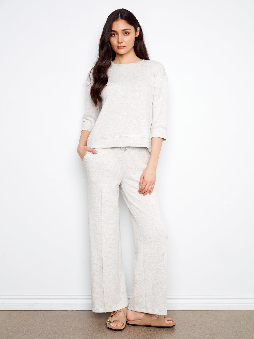 Heather Grey 3/4 Sleeve Scuba Top With Blanket Stitch