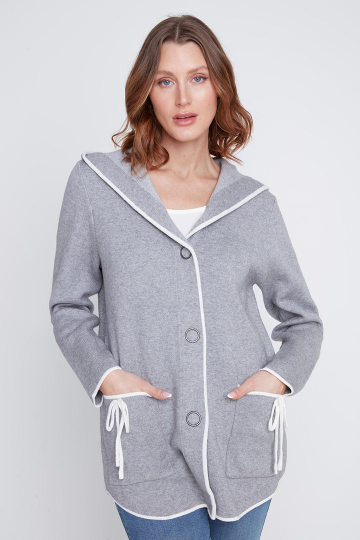 Heather Grey Contrast Trim Hooded Cardigan