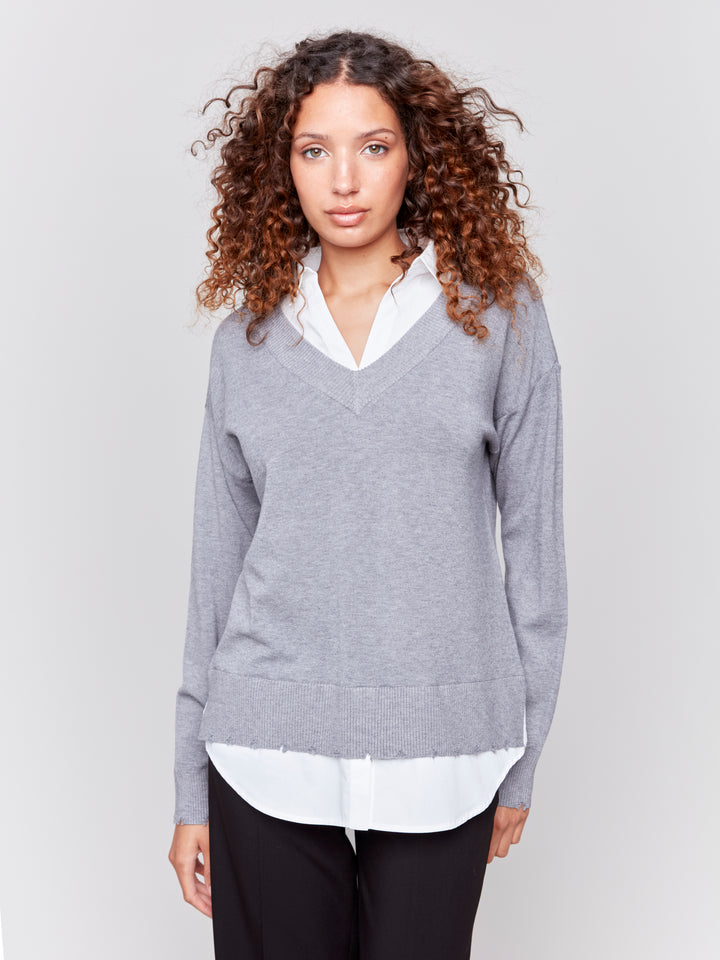 Heather Grey Fooler Sweater With Shirt Collar