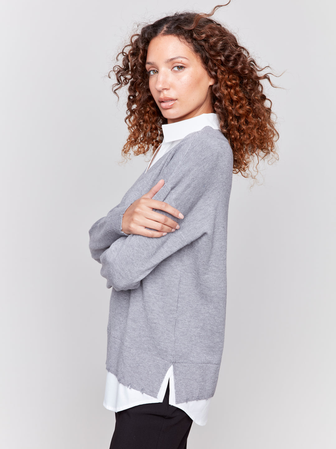 Heather Grey Fooler Sweater With Shirt Collar