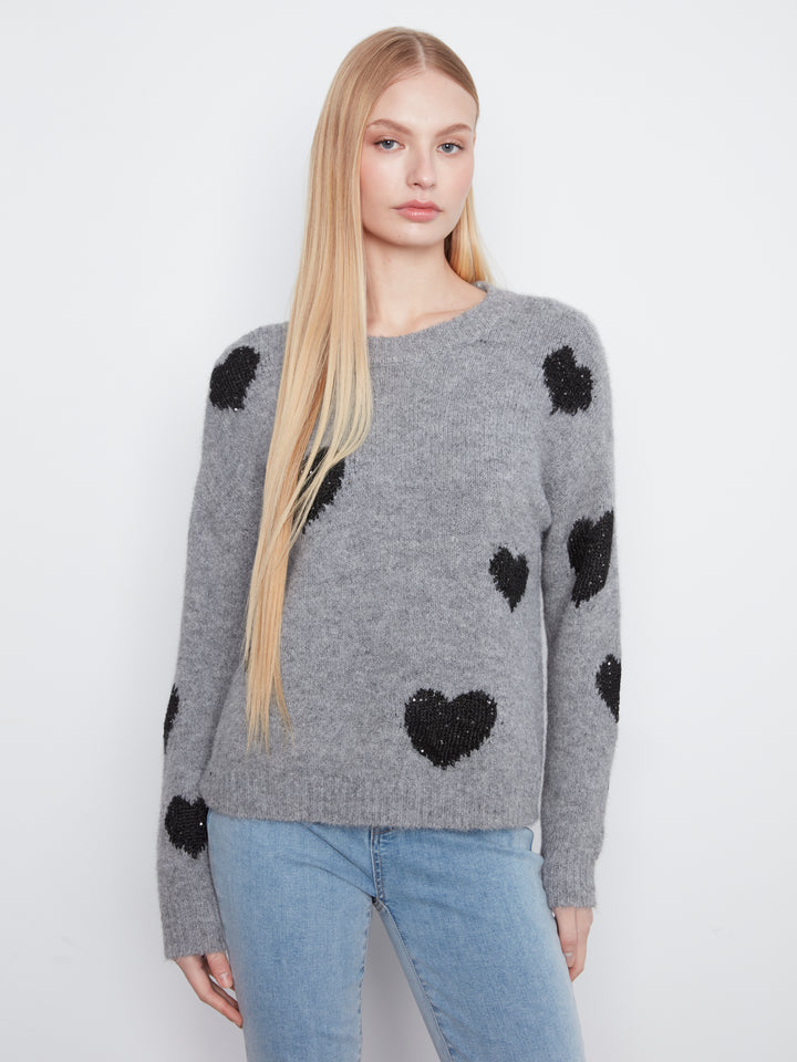 Heather Grey Heart Embroidered Crew Neck Sweater