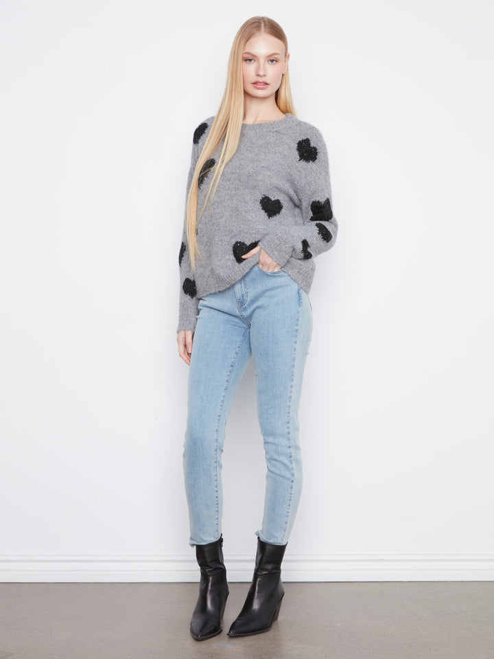 Heather Grey Heart Embroidered Crew Neck Sweater