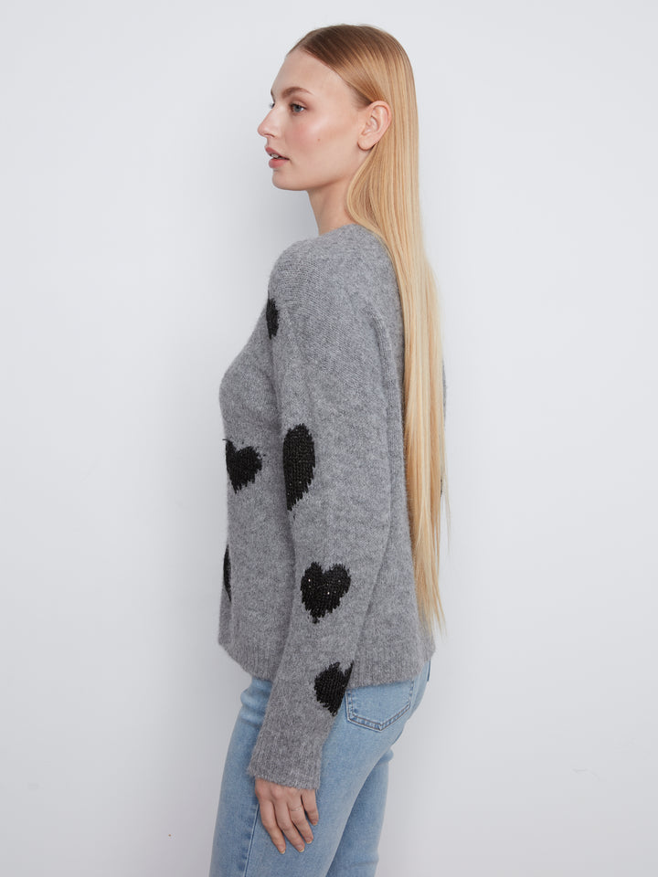 Heather Grey Heart Embroidered Crew Neck Sweater