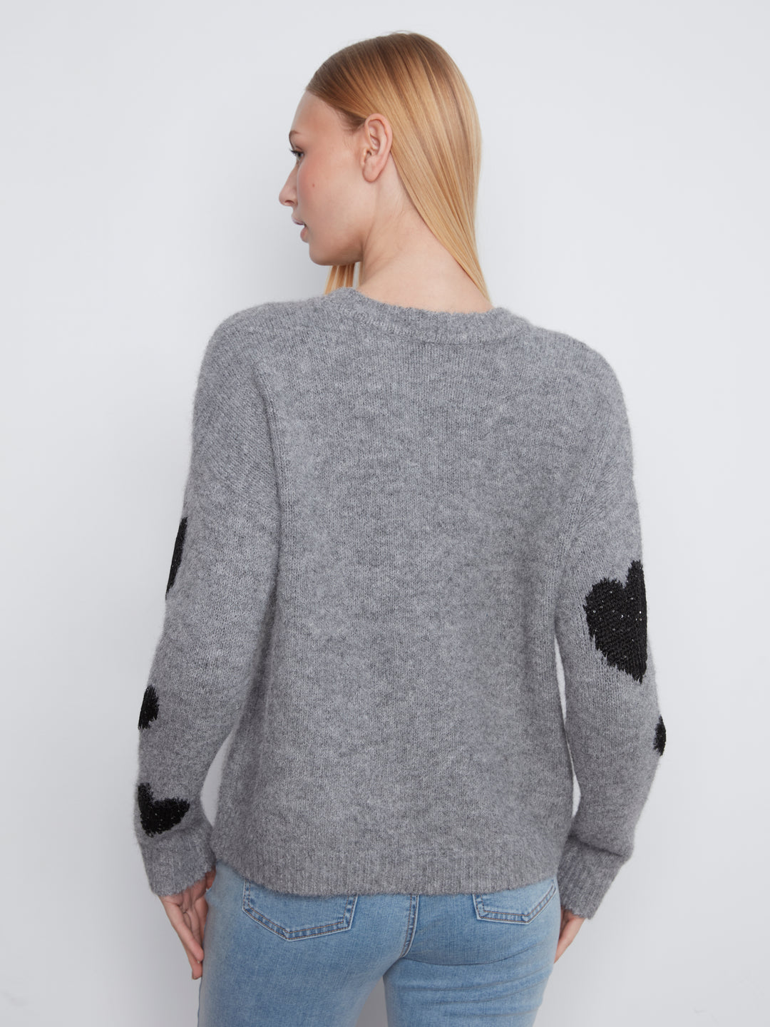 Heather Grey Heart Embroidered Crew Neck Sweater