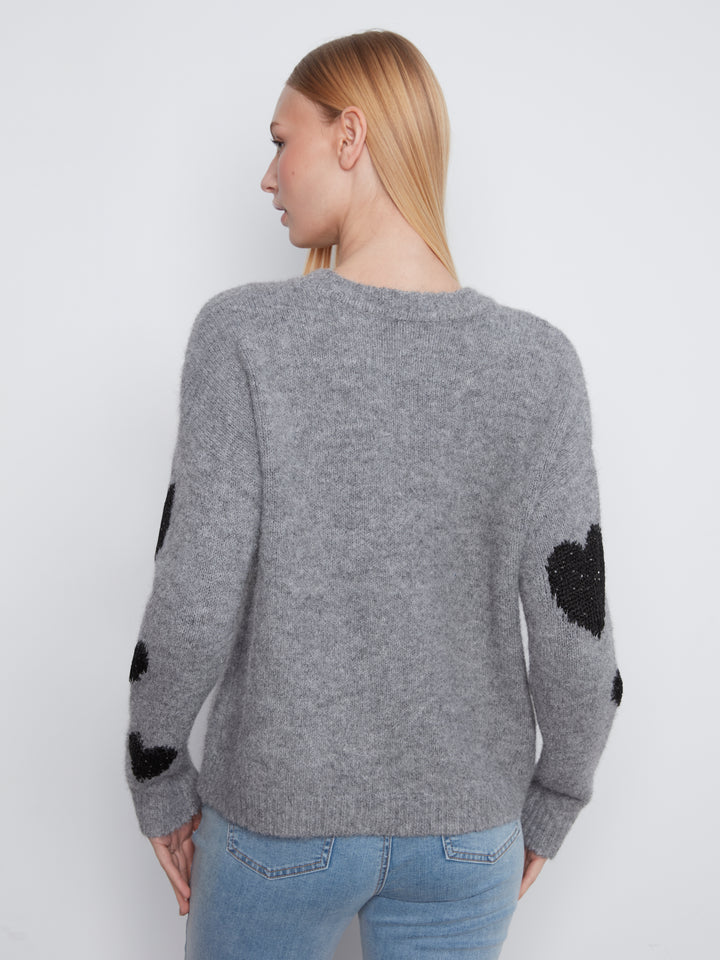 Heather Grey Heart Embroidered Crew Neck Sweater