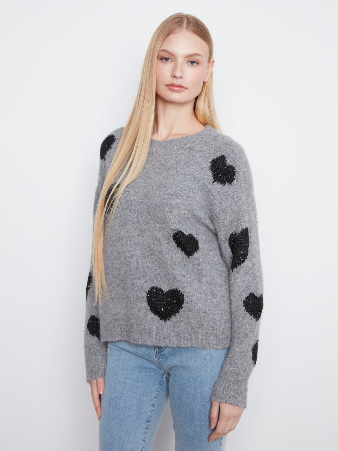 Heather Grey Heart Embroidered Crew Neck Sweater