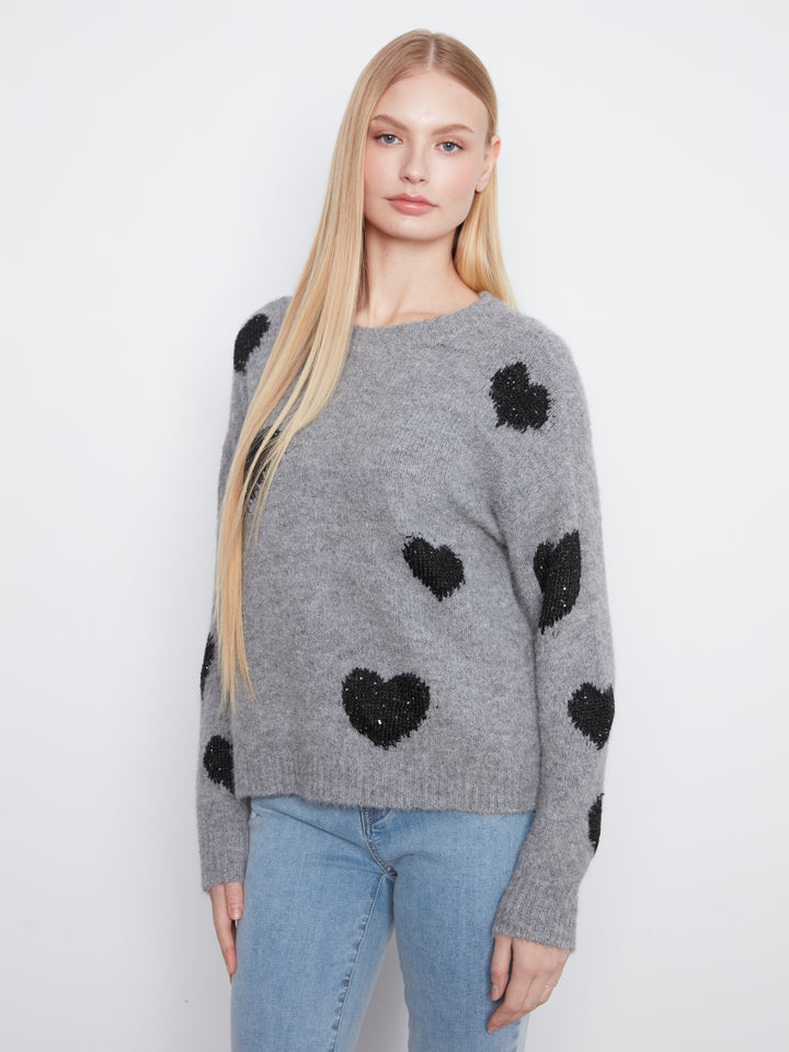 Heather Grey Heart Embroidered Crew Neck Sweater