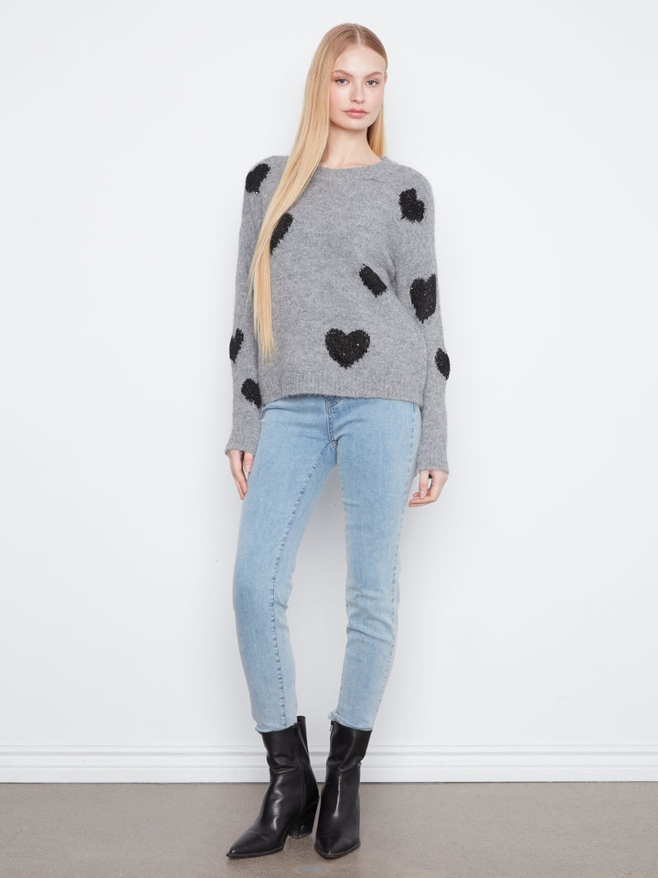 Heather Grey Heart Embroidered Crew Neck Sweater