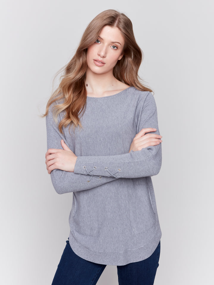 Heather Grey Lace-up Cuff Sweater