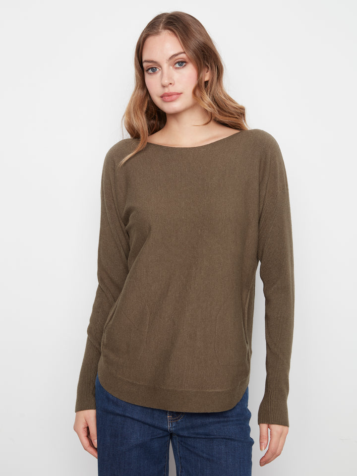 Heather Moss Lace-Up Back Plushy Knit Sweater