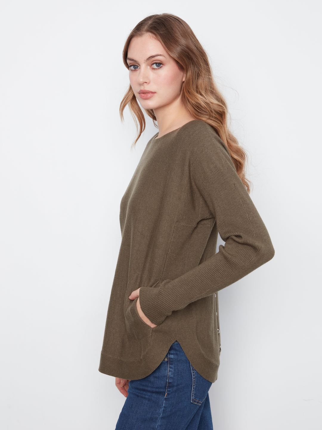 Heather Moss Lace-Up Back Plushy Knit Sweater