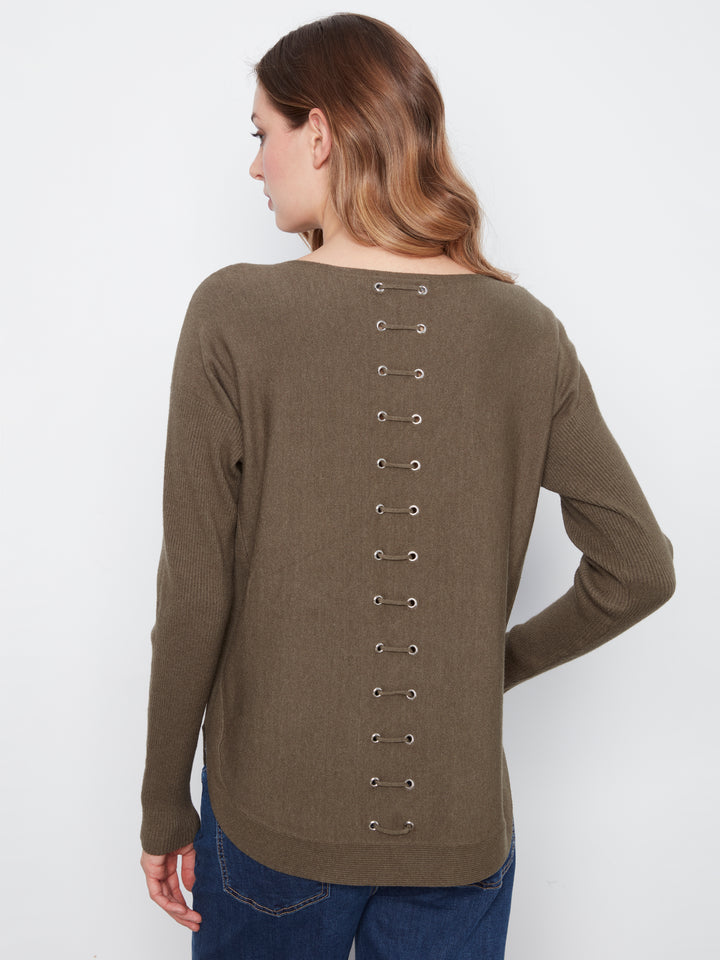 Heather Moss Lace-Up Back Plushy Knit Sweater