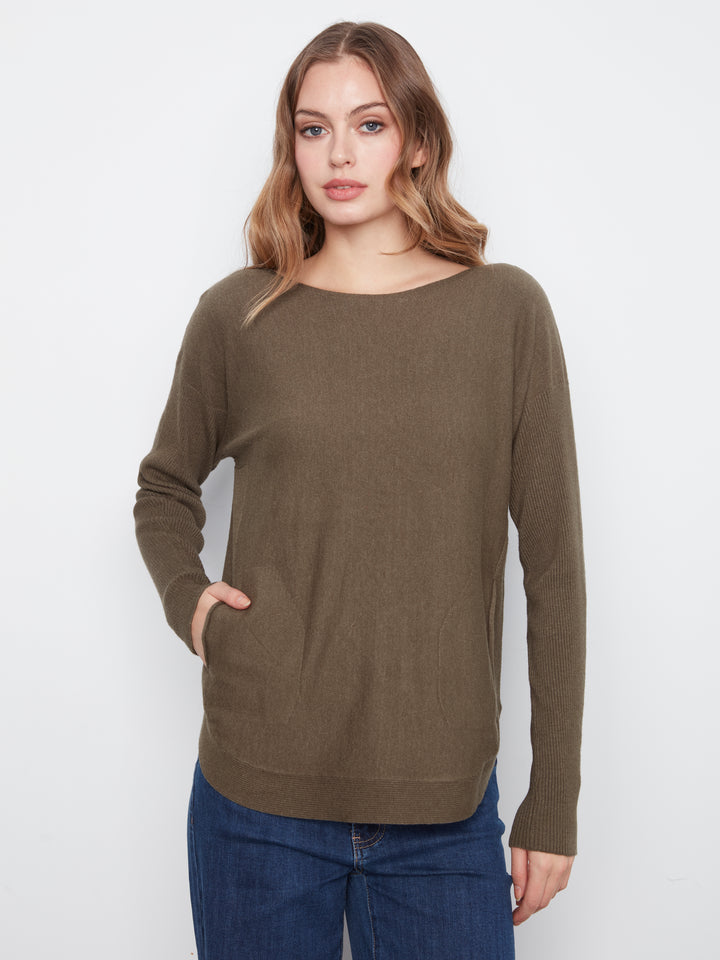Heather Moss Lace-Up Back Plushy Knit Sweater