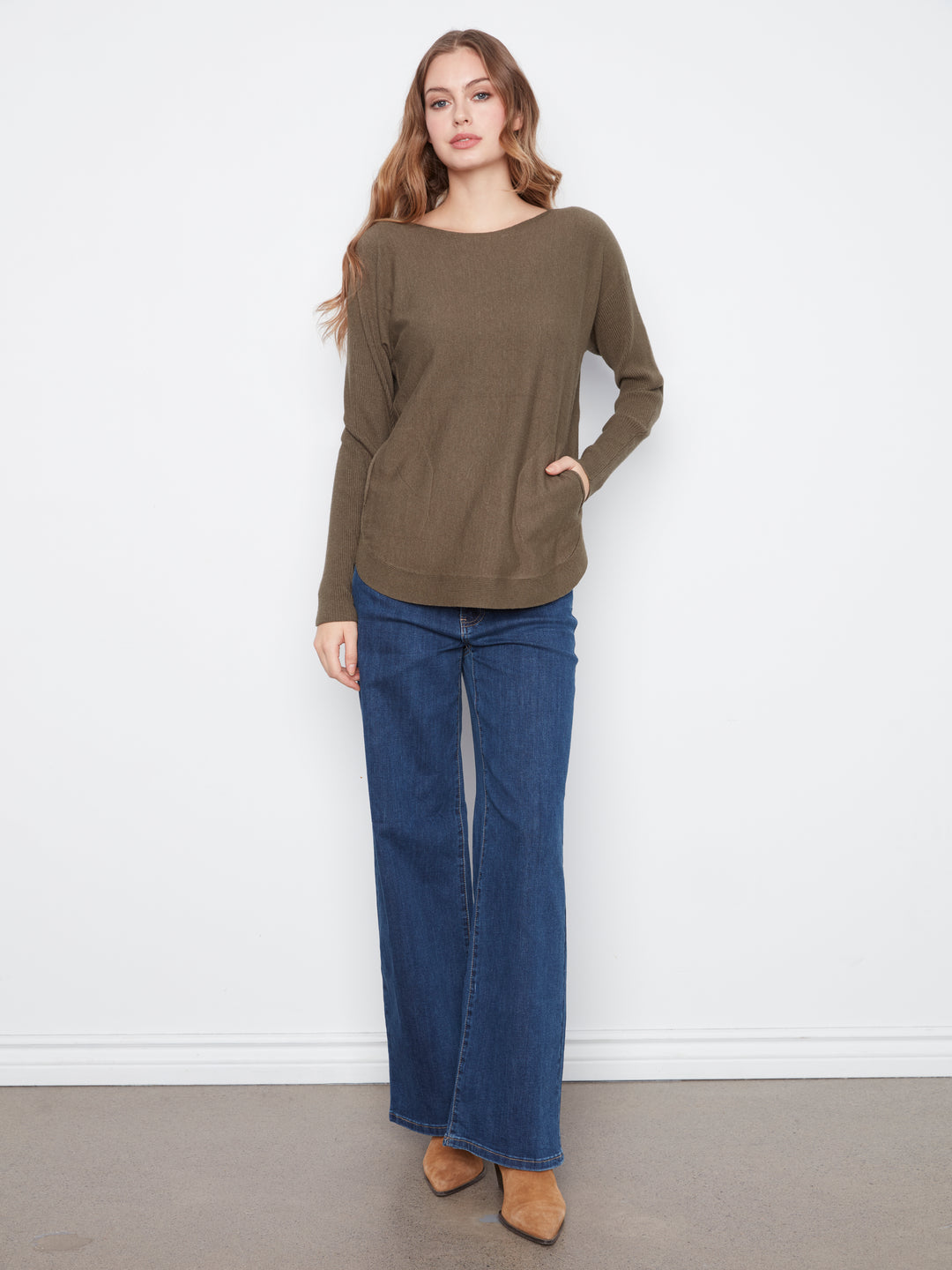 Heather Moss Lace-Up Back Plushy Knit Sweater