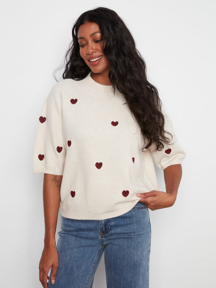 Heather Oat All Over Hearts Elbow Sleeve Sweater