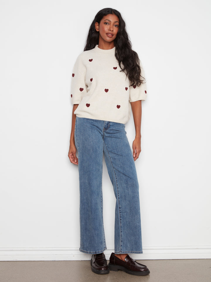 Heather Oat All Over Hearts Elbow Sleeve Sweater