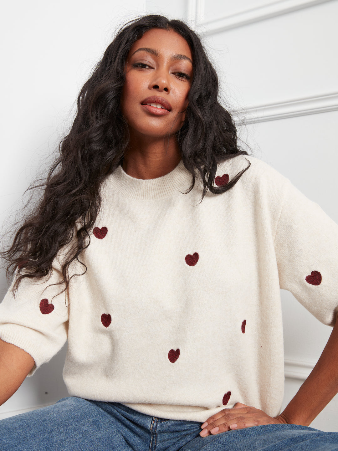 Heather Oat All Over Hearts Elbow Sleeve Sweater