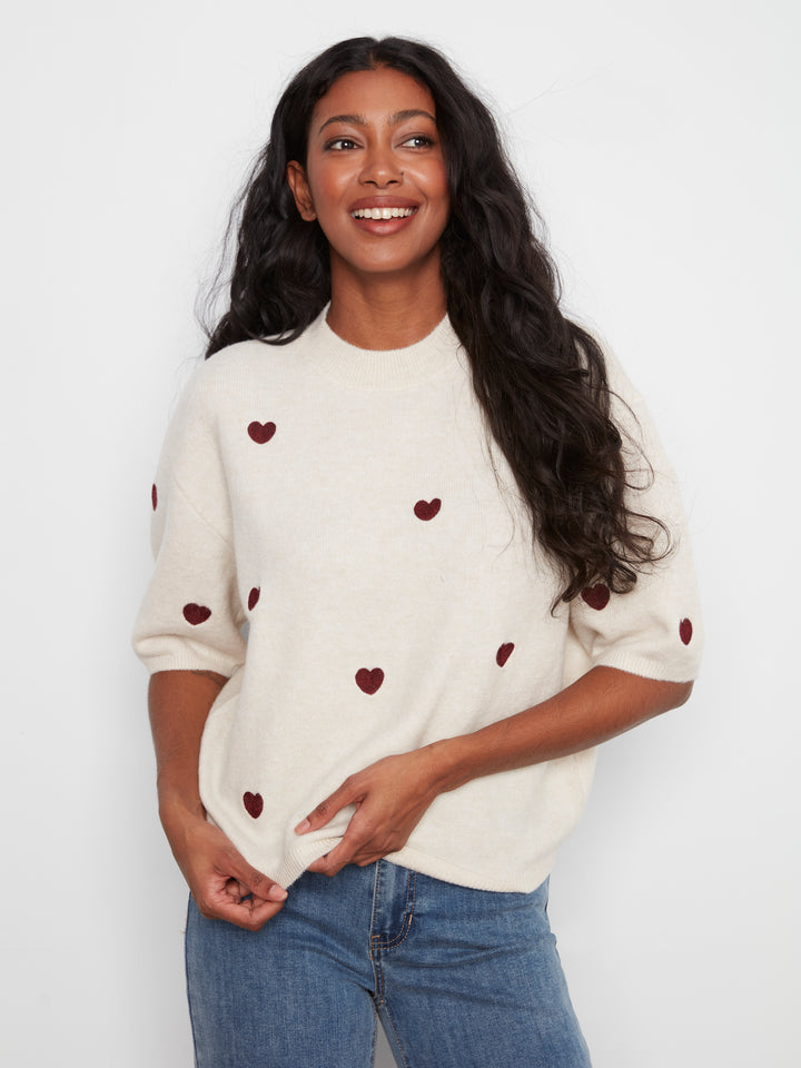 Heather Oat All Over Hearts Elbow Sleeve Sweater
