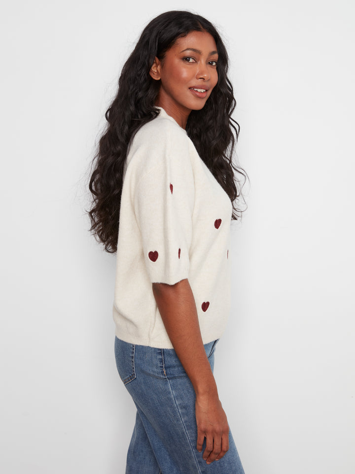 Heather Oat All Over Hearts Elbow Sleeve Sweater