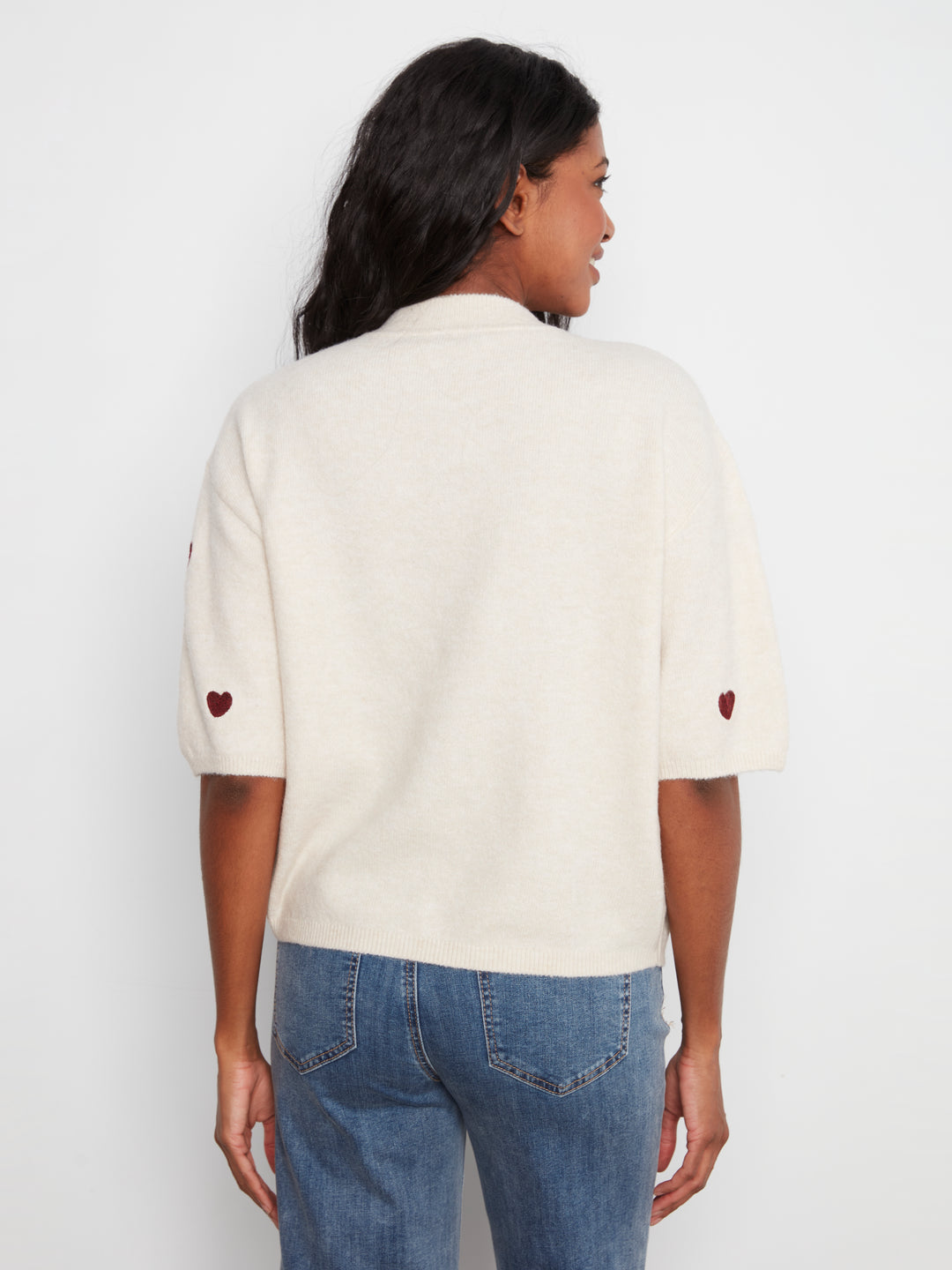 Heather Oat All Over Hearts Elbow Sleeve Sweater