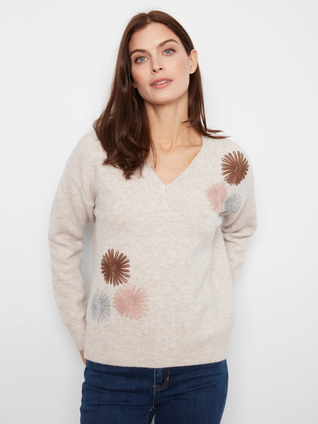 Heather Oat Flower Embroidered V-Neck Sweater