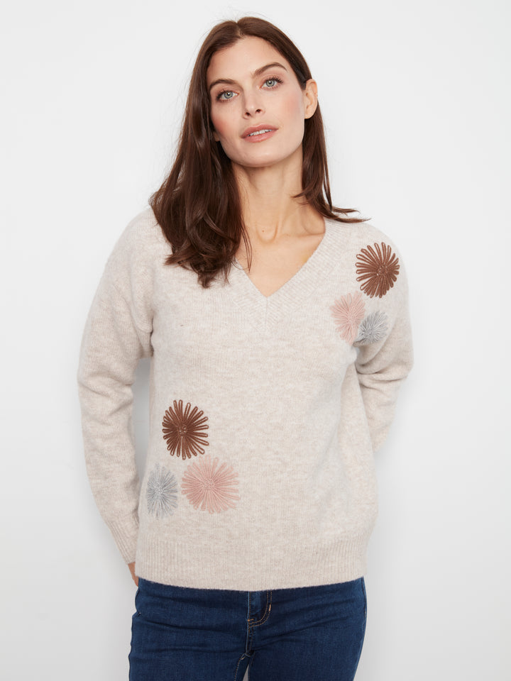 Heather Oat Flower Embroidered V-Neck Sweater