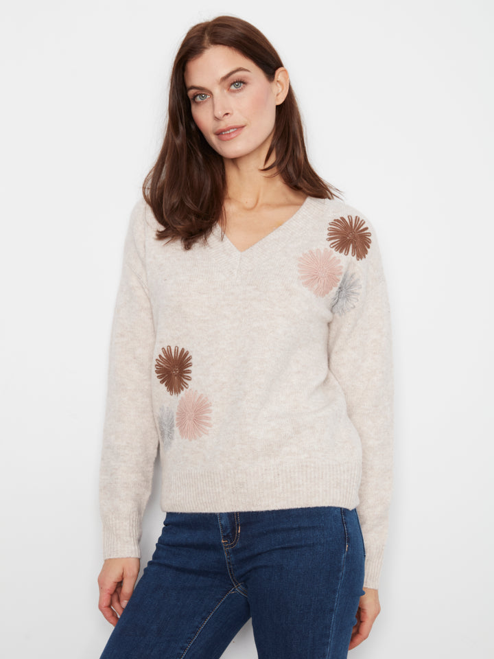 Heather Oat Flower Embroidered V-Neck Sweater