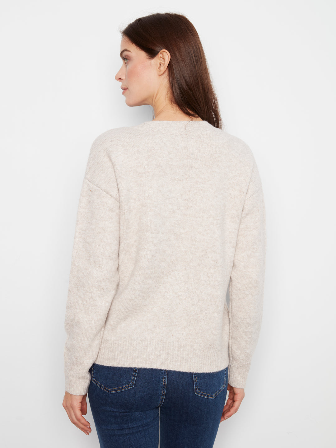 Heather Oat Flower Embroidered V-Neck Sweater