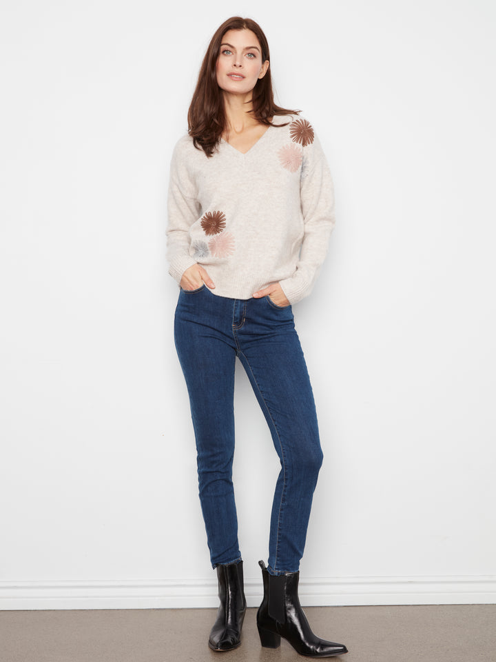 Heather Oat Flower Embroidered V-Neck Sweater
