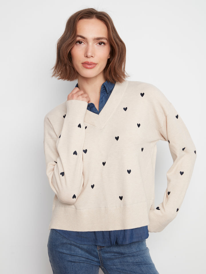 Heather Oat Heart Detail Shirt Collar Sweater